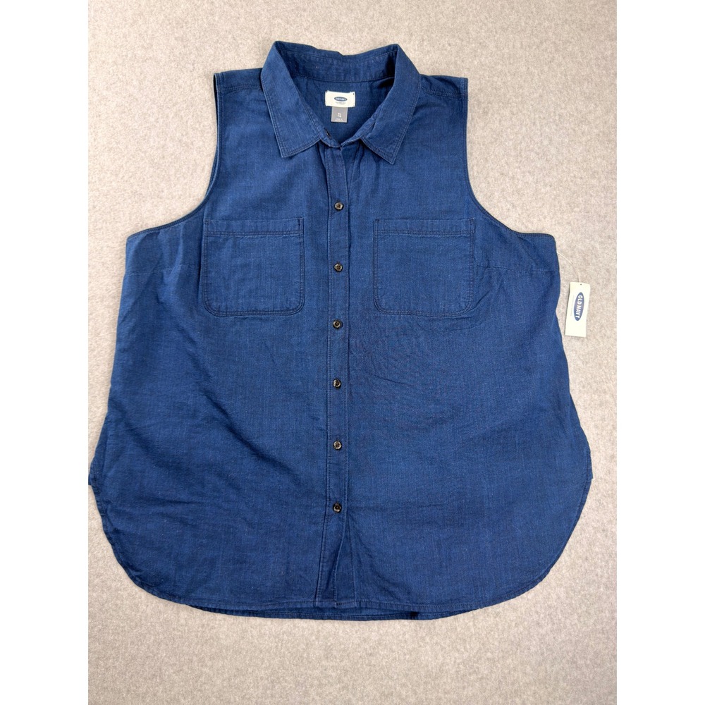 Old Navy Womens XL Sleeveless Button Up Shirt Blue Cotton Pocket Utility Top NWT